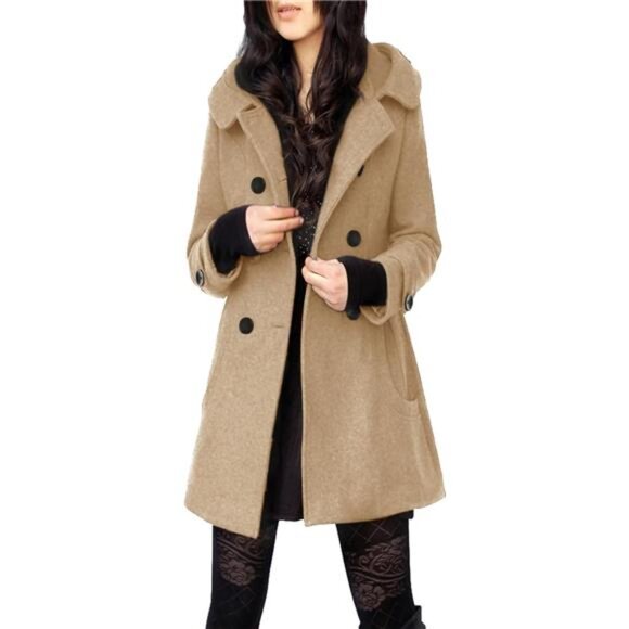 Women's Warm Double Breasted Wool Trench Coat Khaki